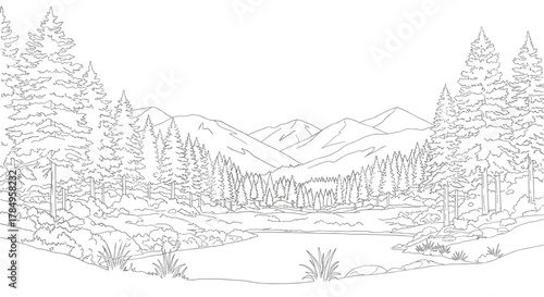 A serene mountain landscape with trees and a winding path leading to distant peaks.