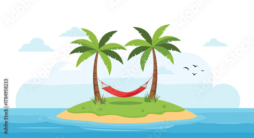 Tropical island paradise with palm trees and a hammock for ultimate relaxation.
