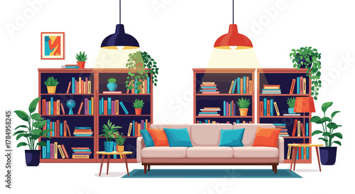 A cozy living room with bookshelves and plants.