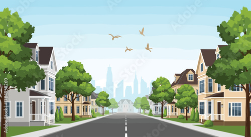 A peaceful suburban street lined with trees and houses leading to a distant cityscape.