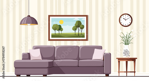 A cozy living room with a sectional sofa artwork and a side table.