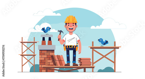 A happy construction worker is building a brick chimney with a hammer while two bluebirds watch nearby.