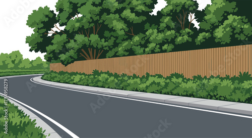 A quiet suburban road lined with green trees and a tall wooden fence bordering a lush garden.