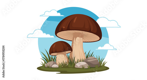 A pair of delicious looking mushrooms growing in the grass under a blue sky with fluffy clouds.