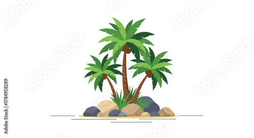 A small tropical island with three palm trees and rocks on a white background.