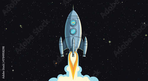 A retro pixel art rocket blasts off into the starry night sky leaving a trail of fiery exhaust behind it.