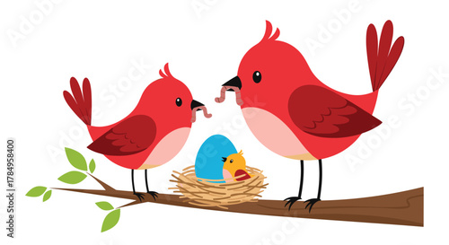 A sweet scene of parent birds feeding their young chicks in a nest on a tree branch.