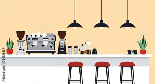 A sleek modern coffee bar with espresso machine grinders and seating ready for customers.