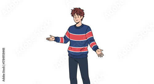 A young man with brown hair wearing a striped sweater and dark pants is shown with his arms outstretched.