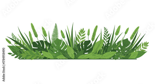 A vibrant green tapestry of tropical plants and lush foliage.