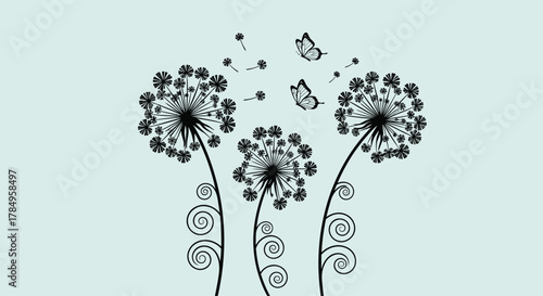 Whimsical dandelions with swirling stems and delicate butterflies dancing above them.