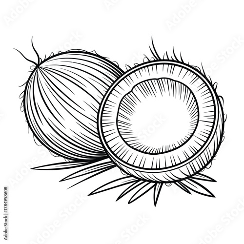 Hand drawn sketch of a whole coconut and a halved coconut with palm leaves
