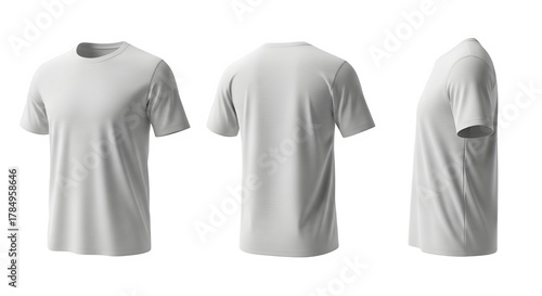 Blank white t shirts displayed from front back and side views