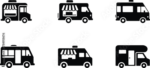 Food truck icon collection, mobile kitchen silhouette, street food van illustration, restaurant vehicle design, fast food service, business branding concept, vector art