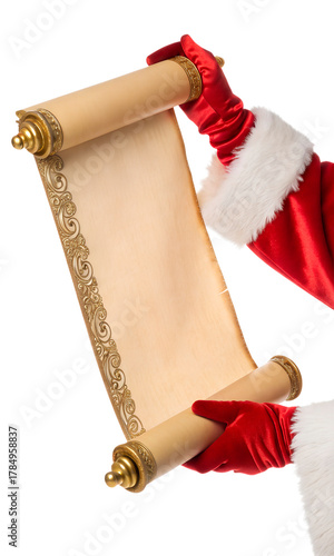 Santa's hand holding the open scroll is isolated