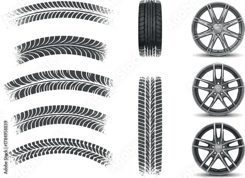 Traces of car, motorcycle tread. Curved realistic traces of tires of wheels from different types of tread vector png. Car wheels on disks on white Background.