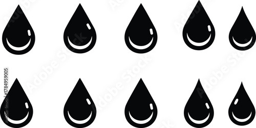 Water droplet icons, black silhouette, liquid shapes, glossy drops, reflection highlights, vector set, fluid symbols, graphic elements, drip design, comparison
