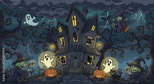 Spooky Halloween haunted house with ghosts, pumpkins, and witches galore