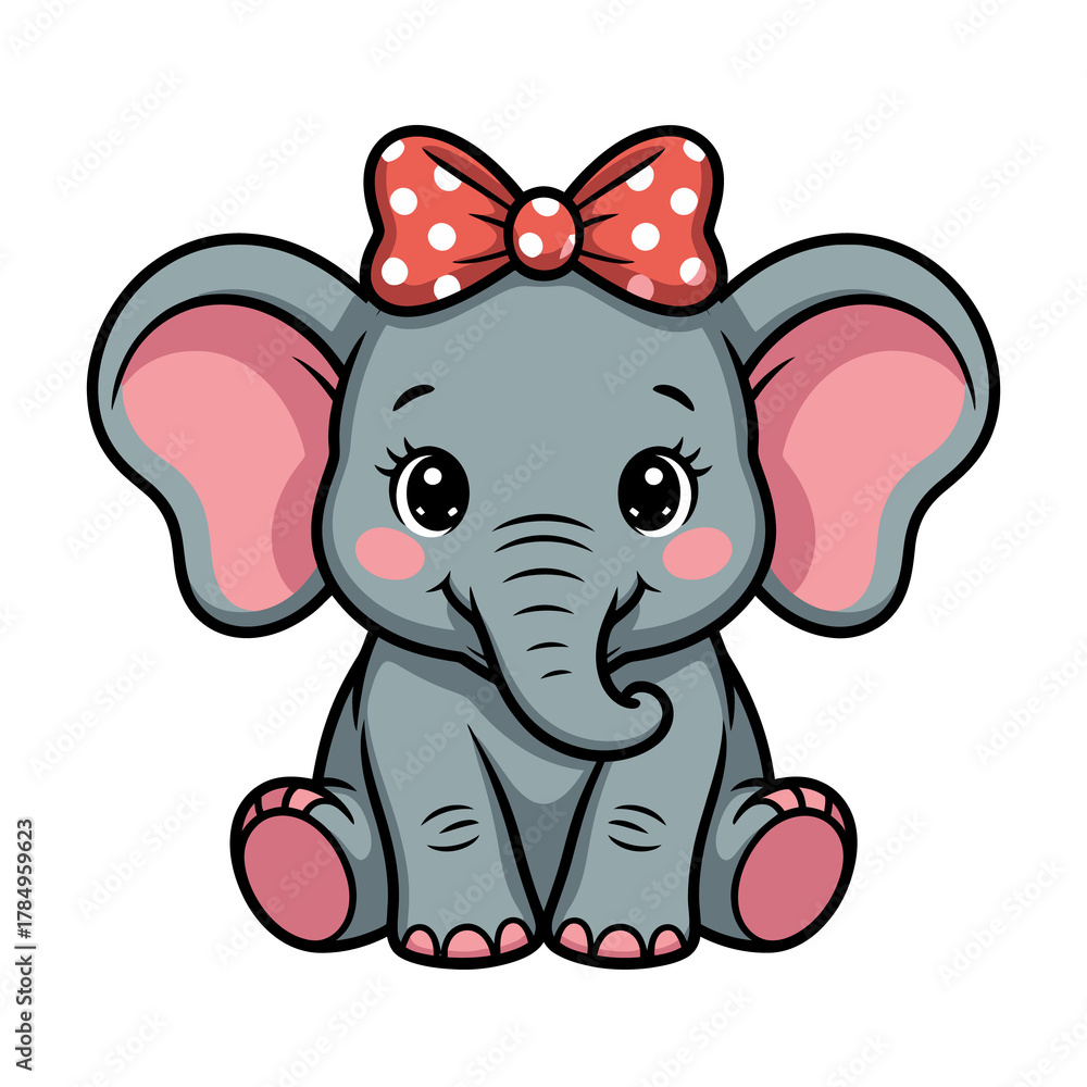 Naklejka premium A sweet cartoon baby elephant with a polka dot bow, big ears, and adorable eyes, isolated on transparent background, ideal for nursery decor and baby shower invitations