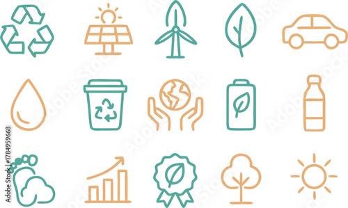 Eco-friendly icons depicting sustainability and green living for a modern and responsible lifestyle, perfect for environmental campaigns
