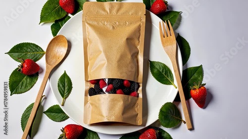 Eco-Friendly Packaging of Mixed Berries Featuring Strawberries, Raspberries, and Blackberries on a Decorative Plate with Wooden Utensils and Leaf Garnish