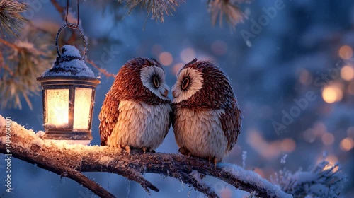 Pair of owls cuddling on a snowy pine branch during winter twilight, radiating warmth and affection
