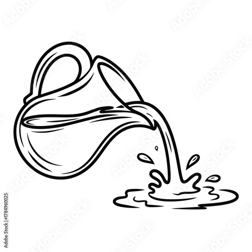Hand drawn illustration of a pitcher pouring water creating splashes and puddles