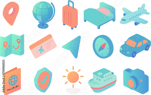 Plan your next adventure with vibrant travel icons perfect for brochures, websites, and social media campaigns inspiring wanderlust