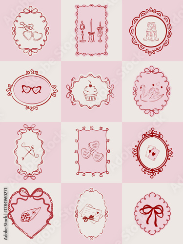 Interior poster for Valentine's Day Love Dove wwith various symbols of romance - hearts, doves, cake, glasses, letters, strawberries, and much more in a frame Vector illustration doodle art