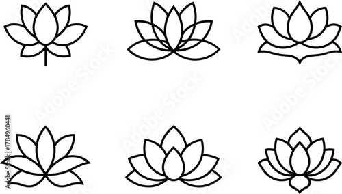 Lotus flower icon collection, minimal floral design, yoga meditation symbol, elegant nature outline, spiritual bloom vector illustration, black line art