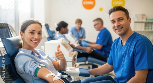 A cheerful woman gives a thumbs up while donating blood in a bright clinic. Medical staff assist patients in a clean, professional environment.