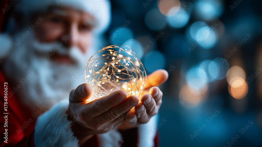 Fototapeta premium Faceless Santa Claus holding glowing christmas ball defocused blue background with bokeh lights festive character celebration magical holiday atmosphere cheerful seasonal