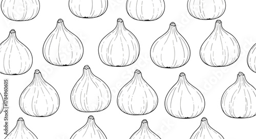 Seamless pattern of hand-drawn figs in black and white outline style.