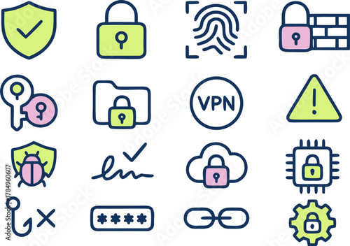 Cybersecurity protection icons for secure digital data, including firewall, face ID, passwords, cloud security for modern business needs
