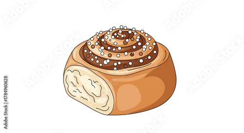 Illustration of a single cinnamon roll with white sprinkles on a white background.