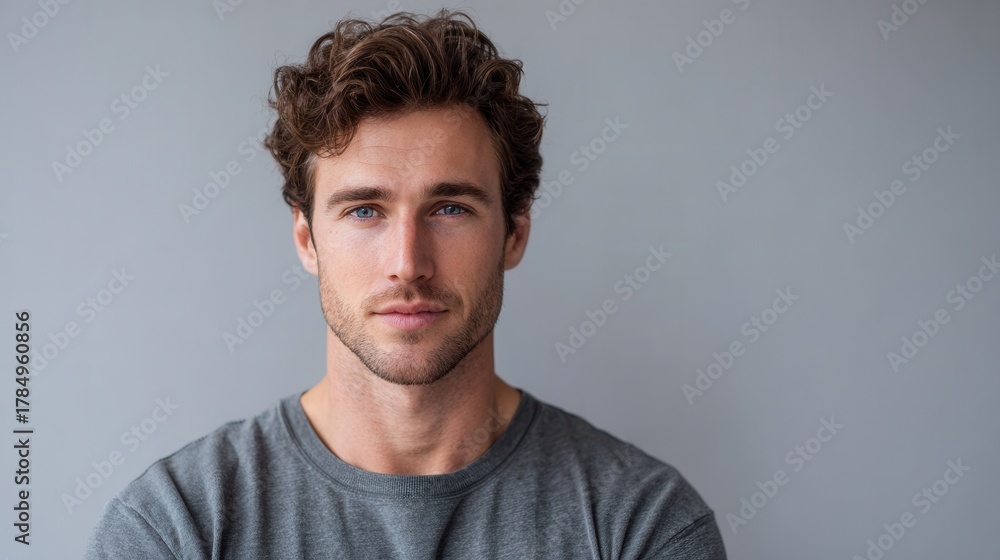 Obraz premium A close-up portrait of a young man with curly hair, wearing a gray shirt. The background is neutral, creating a calm and introspective mood.