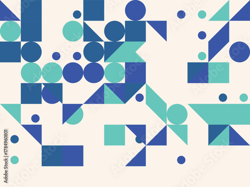 Geometric Abstract Pattern Background with Circles Squares and Triangles in Blue and Teal Minimalist Design Perfect for Modern Art