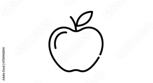 Simple line drawing of an apple with a stem and leaf on a white background.