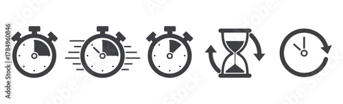 Time measurement and management icon set featuring stopwatches, a fast timer, hourglass, and a refresh clock symbol. Vector