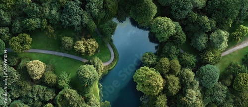 Fototapeta Naklejka Na Ścianę i Meble -  Photorealistic aerial view of lush summer park with serene lake