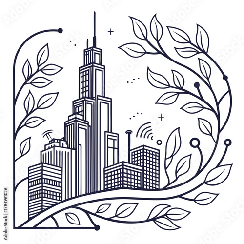 Modern city skyline with organic plant elements and wireless signals