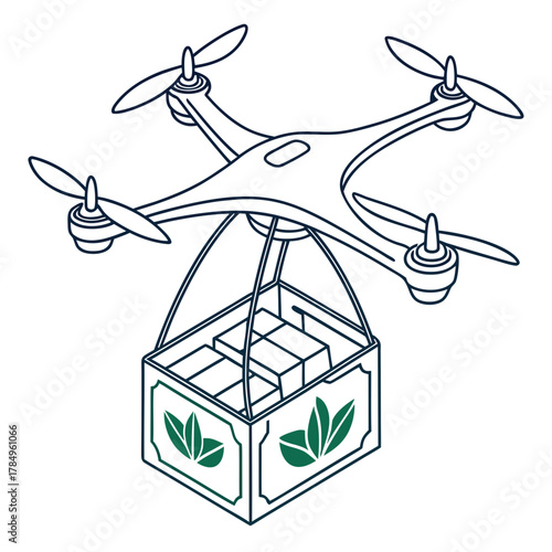 Drone delivering a package with green leaves logo
