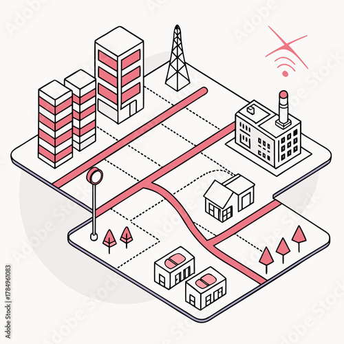 Isometric city map with buildings roads and a cell tower showing no signal