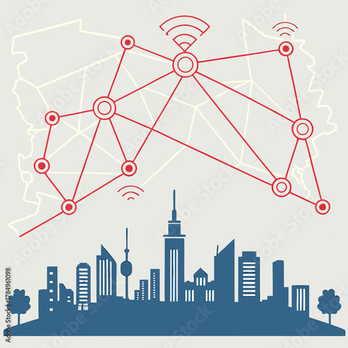 Connected city network with wireless signals and skyline silhouette