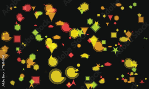 Geometric shapes dance across a dark backdrop creating a vibrant abstract design perfect for backgrounds and digital art projects