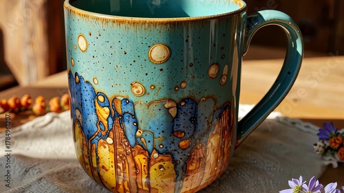 Artistic Ceramic Mug with Abstract Glaze Patterns Surrounded by Delicate Dried Flowers on Wooden Table In Sunlit Rustic Setting