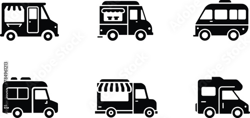 Set of black food truck icons, street food van, mobile cafe, delivery vehicle, restaurant transportation, vector silhouette design illustration