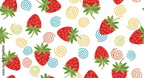 Seamless pattern of cute cartoon strawberries and colorful swirling doodles on a white background.
