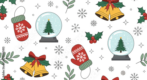 Seamless pattern of festive Christmas ornaments including snow globes, mittens, and bells on a white background.