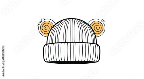 A simple line drawing of a knitted beanie with decorative orange spiral ear details.